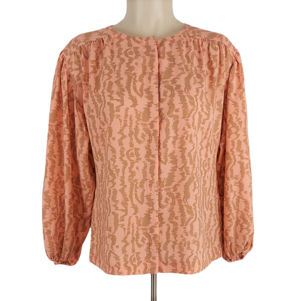 Elizabeth & James Blouse Sz XS Peach Tan Hidden Button Balloon Sleeve Round Neck